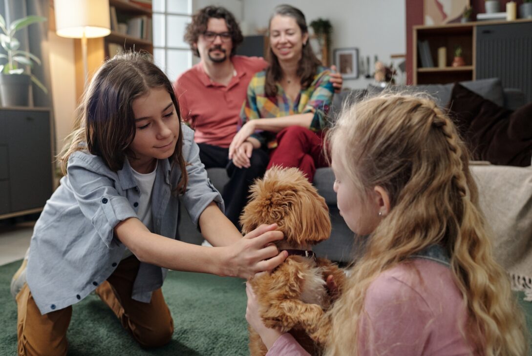 Family Gathering with Pet Dog in Living Room