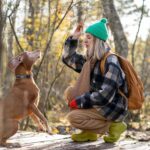 Serious woman trains dog holding treat trophy for exemplary behavior, accurate execution of commands