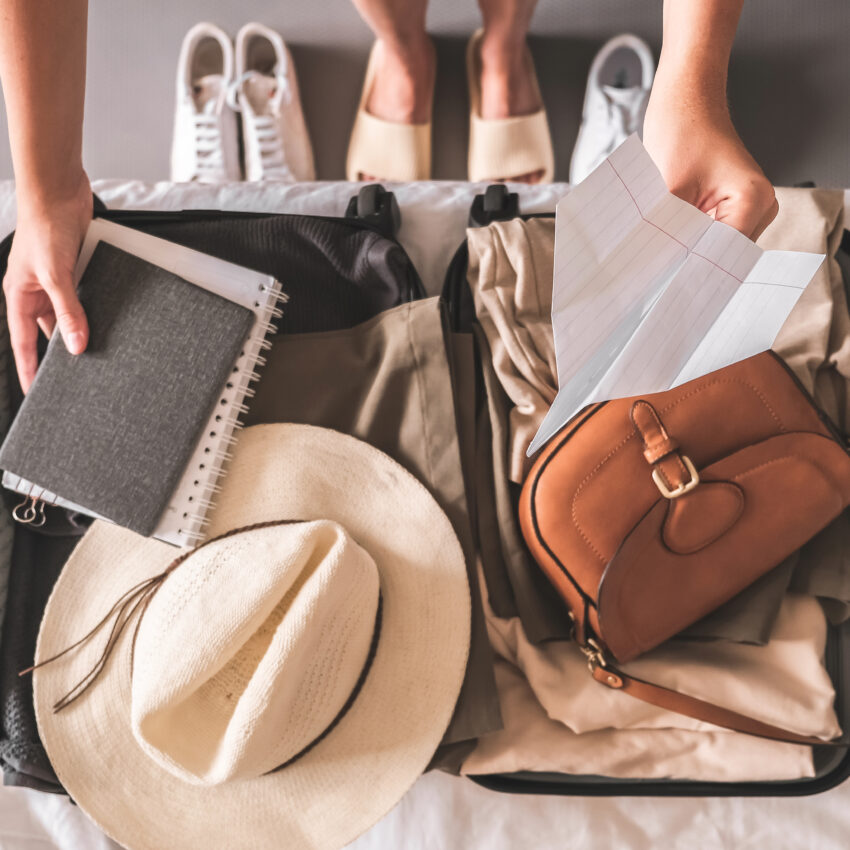 Travel. Staycation.local travel new normal.Girl traveler packing luggage in suitcase Travel,tourism,